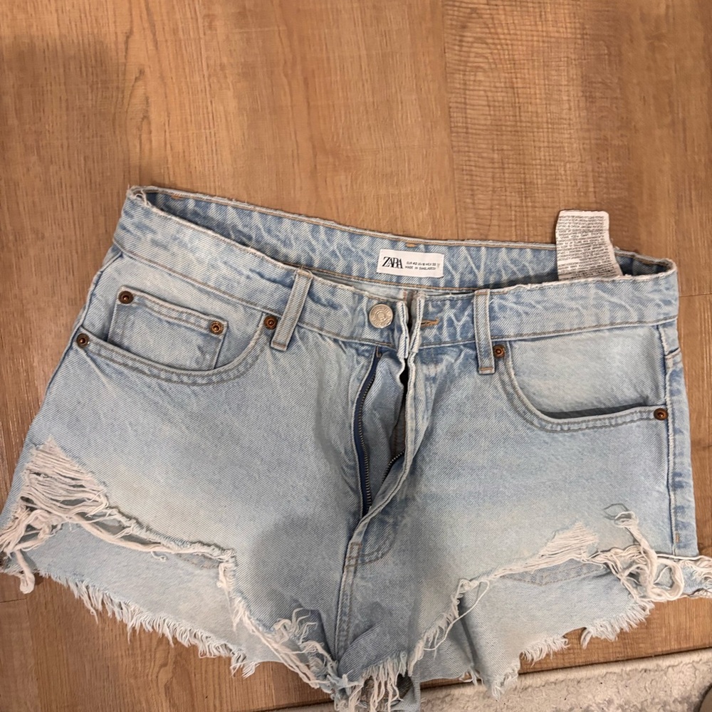 Zara Light Blue Distressed Denim Jean Shorts